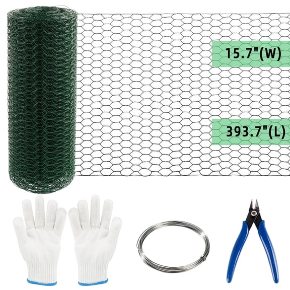 KORALAKIRI Floral Chicken Wire for Crafts, 15.7 x 393.7 Inch Green Mesh, PVC Coated Metal Netting Fence for Crafts, Poultry, Garden