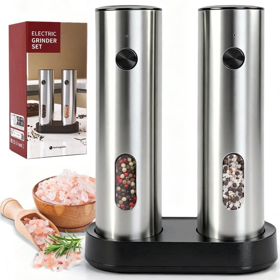 KORALAKIRI Electric Salt and Pepper Shakers Grinder Set with Rechargeable Base, Refillable Automatic Pepper Mill with LED Light & Adjustable Coarseness for Kitchen, Outdoor, BBQ & Gift Giving
