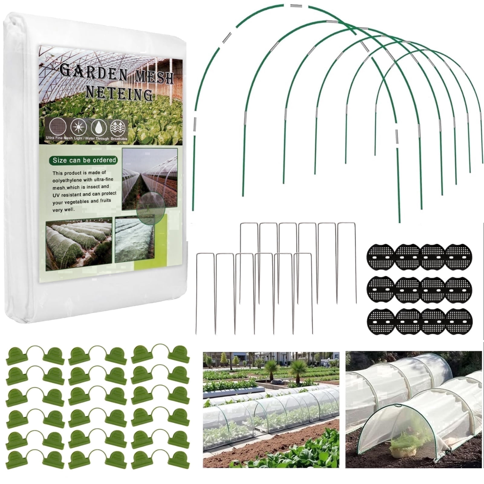 KORALAKIRI Garden Netting Kit, 10x33FT Mesh Netting, 6 Sets of Fiberglass Garden Hoops for Raised Beds, Insect Netting Row Cover, Pest Barrier Protection for Vegetable Fruits Flowers