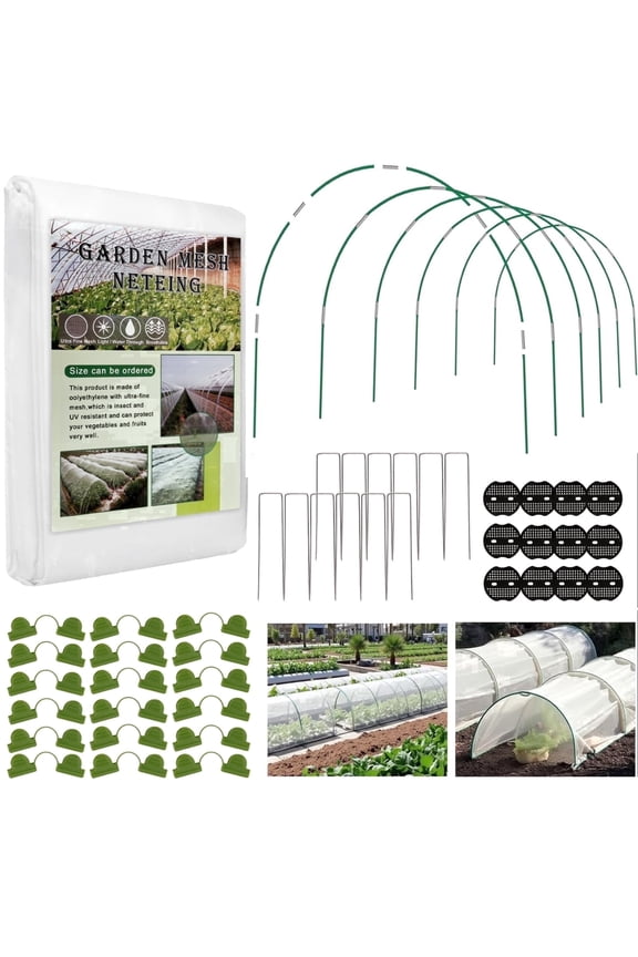 Garden Netting Kit, 10x33FT Mesh Netting, 6 Sets of Fiberglass Garden Hoops for Raised Beds, Insect Netting Row Cover, Pest Barrier Protection for Vegetable Fruits Flowers