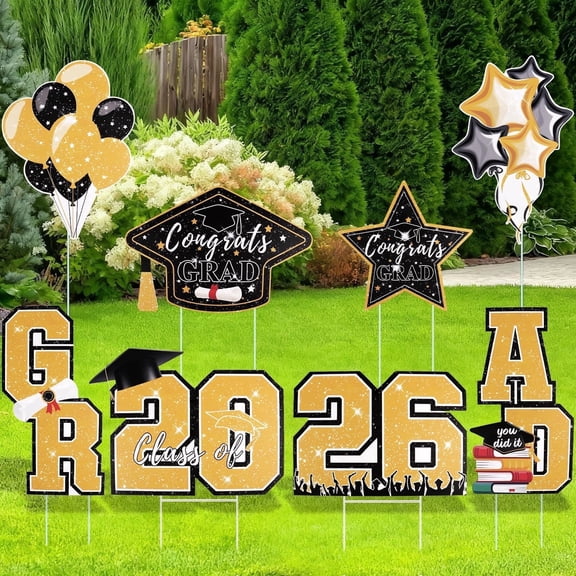 KORALAKIRI Graduation Yard Sign Decorations, 22 Pcs Black & Gold Congrats Grad of Class 2026 with Metal Stakes for Graduation Party Decoration Supplies