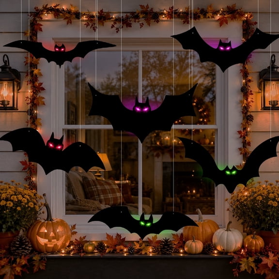 KORALAKIRI 6 Pack Halloween Hanging Bats Decorations, Waterproof Large Spooky Black Flying Bat for Indoor Outdoor Decor with LED Lights for Hanging in The Tree, Porch, Yard, Lawn