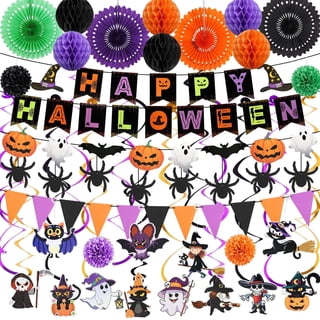 KORALAKIRI Halloween Party Decorations Happy Halloween Banner Honeycomb Balls Paper Fans Hanging Swirls Triangle Garland for Indoor Home Office Class School Party Supplies