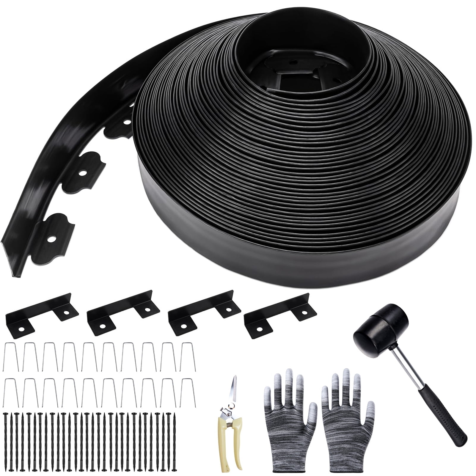 KORALAKIRI Landscape Edging Kit, 40ft Garden Edging Border 2 Inch Tall with 50 Pcs Spikes, Edging for Landscaping, Garden, Black