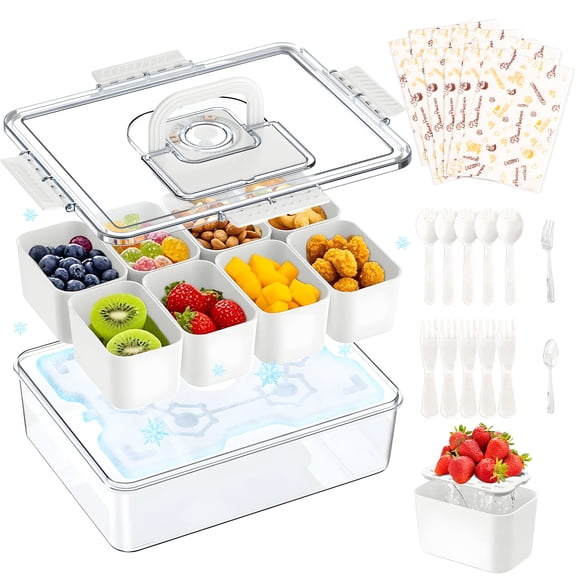 KORALAKIRI Snackle Box Container with Reusable Ice Pack, Snack Containers with 8 Divided Compartment Serving Tray & Drain Trays for Picnics, parties, Beach & Trip