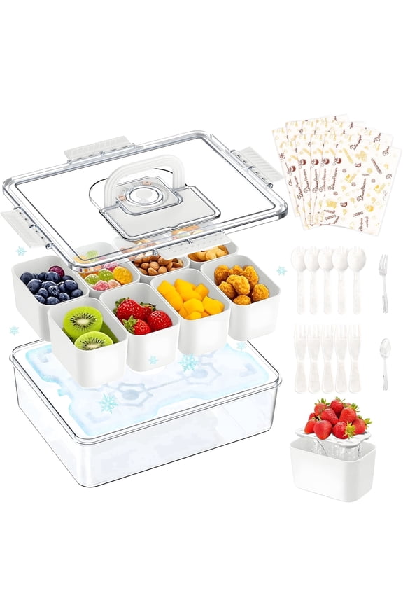Snackle Box Container with Reusable Ice pack & Individual Lids, Food Storage with 8 Divided Ice Compartment for Picnics, Parties, Beach & Trip