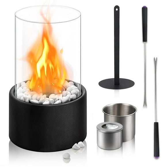 KORALAKIRI Tabletop Fire Pit,Portable Fire Pit Tabletop for Indoor & Outdoor,Table Top Fire Place with White Stone & Wind Proof Glass