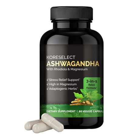 KORESELECT Ashwagandha Capsules with Magnesium & Rhodiola Rosea - 5% Withanolides, Natural Mood Relief, Adaptogens Supplement, Boost Energy & Focus - Vegan 60 Caps