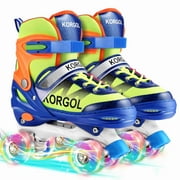 KORGOL Blue Adjustable Roller Skates with Illuminating Wheels, for Kids Boys Girls