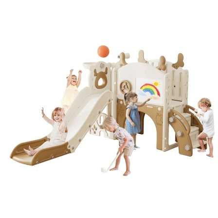 KORIMEFA 11-in-1 Toddler Slide, Kid Slide for Toddlers Age 1-3 with Golf Set, Ring Toss, Basketball Hoop, Drawing Board and Telescope, Indoor Outdoor Playset Playground, Coffee