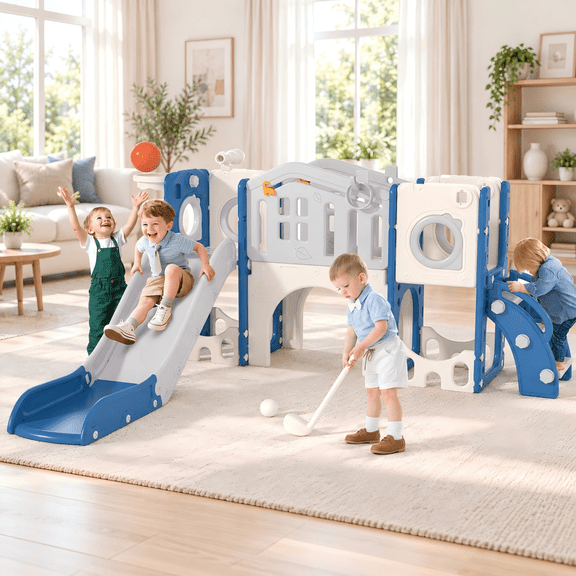 KORIMEFA 11- in-1 Kids Toddler Slide Set, Toddler Climber Slide for Age 1-3 , Indoor Outdoor Slide with Basketball Hoop Ring Toss Golf