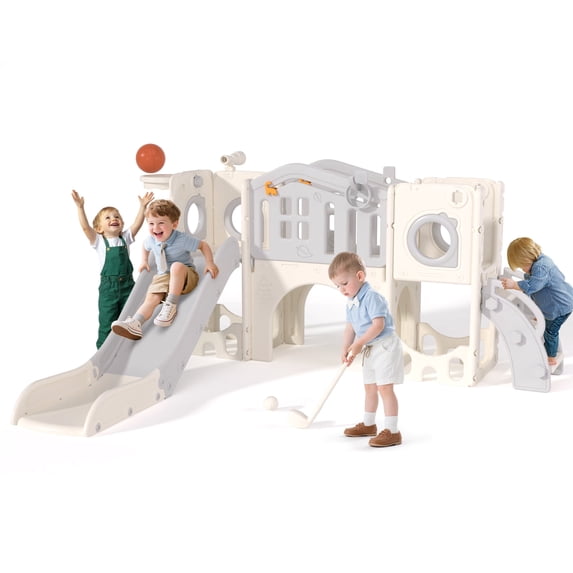 KORIMEFA 11-in-1 Toddler Slide Set, Kids Slide for Toddlers, Indoor Outdoor Toddler Climber Slide PlaySet with Basketball Hoop Golf Ring Toss Upgraded