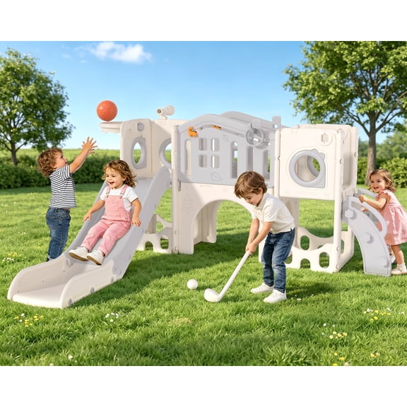 KORIMEFA 11-in-1 Toddler Slide Set, Kids Slide for Toddlers, Indoor Outdoor Toddler Climber Slide PlaySet with Basketball Hoop Golf Ring Toss Upgraded