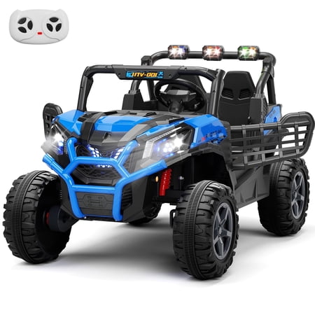 KORIMEFA 12 V Ride on Toys UTV with 2 Seaters, Motor Kid Electric Power Rides with Remote Control, LED Lights, Spring Suspension, 3 Speeds, Bluetooth Music, Blue