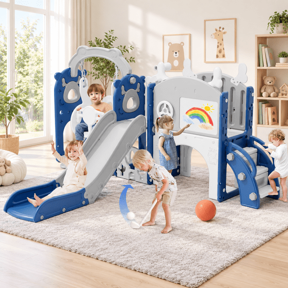 KORIMEFA 13-in-1 Toddler Slide, Kids Swing and Slide for Toddlers Age 1-4, Outdoor Indoor Playground Playset for Toddlers with Basketball Hoop and Ball Playset Telescope, Blue