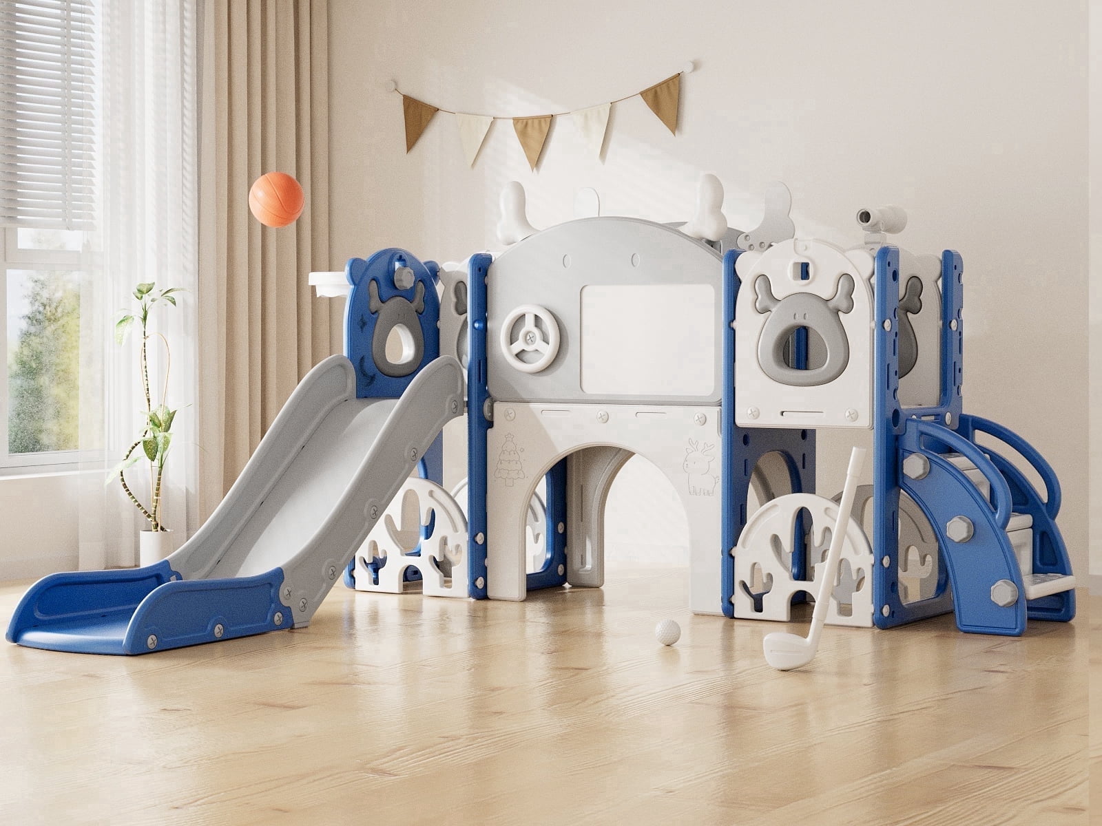 KORIMEFA 13 in 1 Toddler Slide Set, Kids Slide for baby Age 1-4, New Upgrade with Golf Set, Basketball Hoop, Drawing Board for Indoor Outdoor Playset,Toddler Playground,Blue