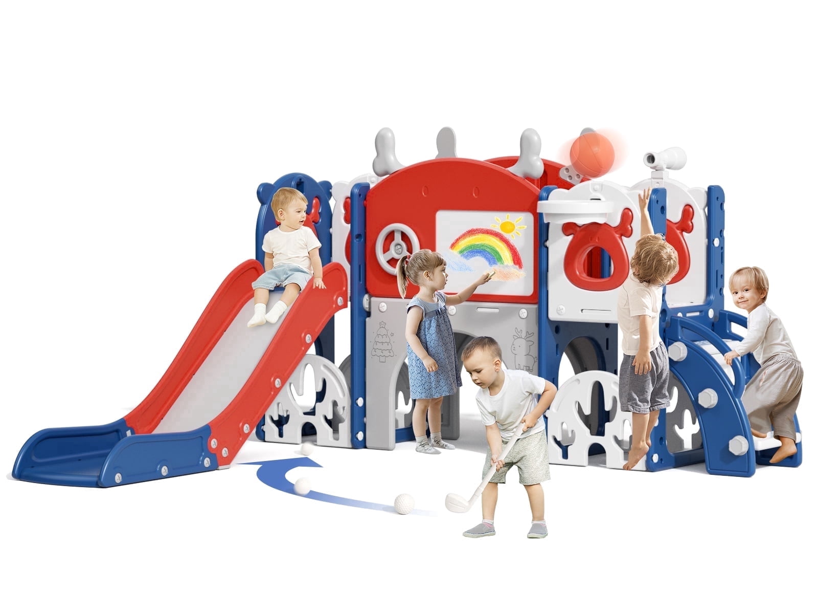 KORIMEFA Toddler Slide Set with Golf, Basketball Hoop, Kids Slide for Toddlers Age 1-4, Climber Slip and Slides, Baby Outdoor Toys