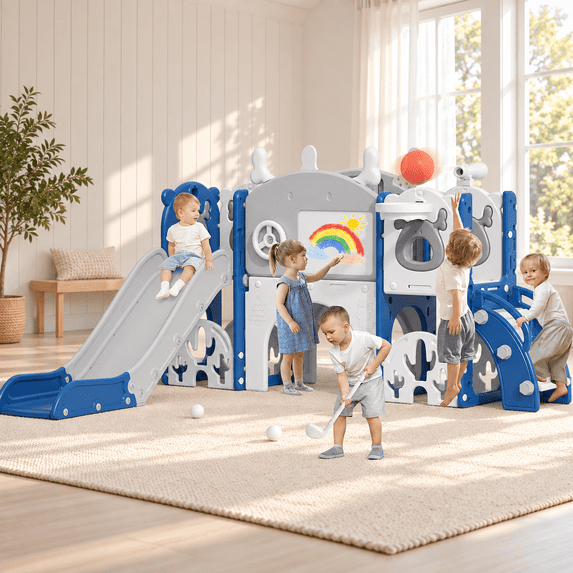 KORIMEFA 13 in 1 Toddler Slide Set, Kids Slide for baby Age 1-4, New Upgrade with Golf Set, Basketball Hoop, Drawing Board for Indoor Outdoor Playset,Toddler Playground,Blue