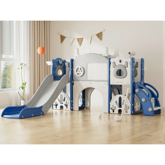 KORIMEFA 13 in 1 Toddler Slide Set, Kids Slide for baby Age 1-4, New Upgrade with Golf Set, Basketball Hoop, Drawing Board for Indoor Outdoor Playset,Toddler Playground,Blue