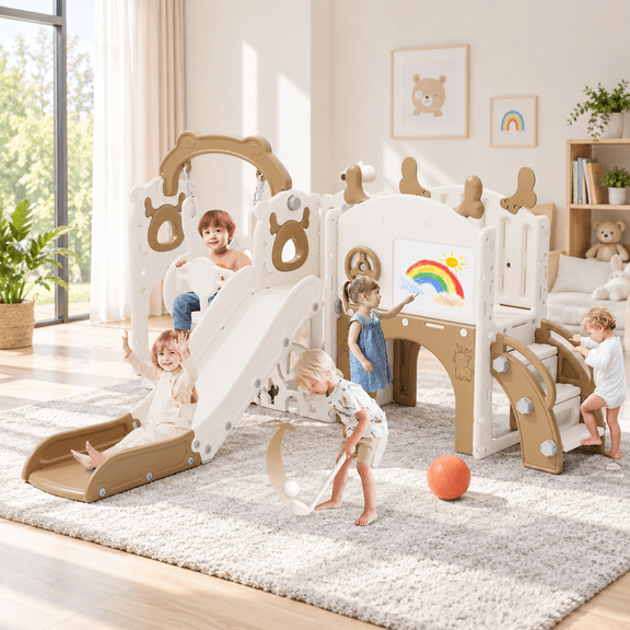 KORIMEFA Toddler Slide Set, Kids Slide with Swing, Outdoor Indoor Playground for Toddlers 1-4, Toddler Climber Slides PlaySet with Basketball Hoop and Ball, Tunnel and Storage Space, Coffee