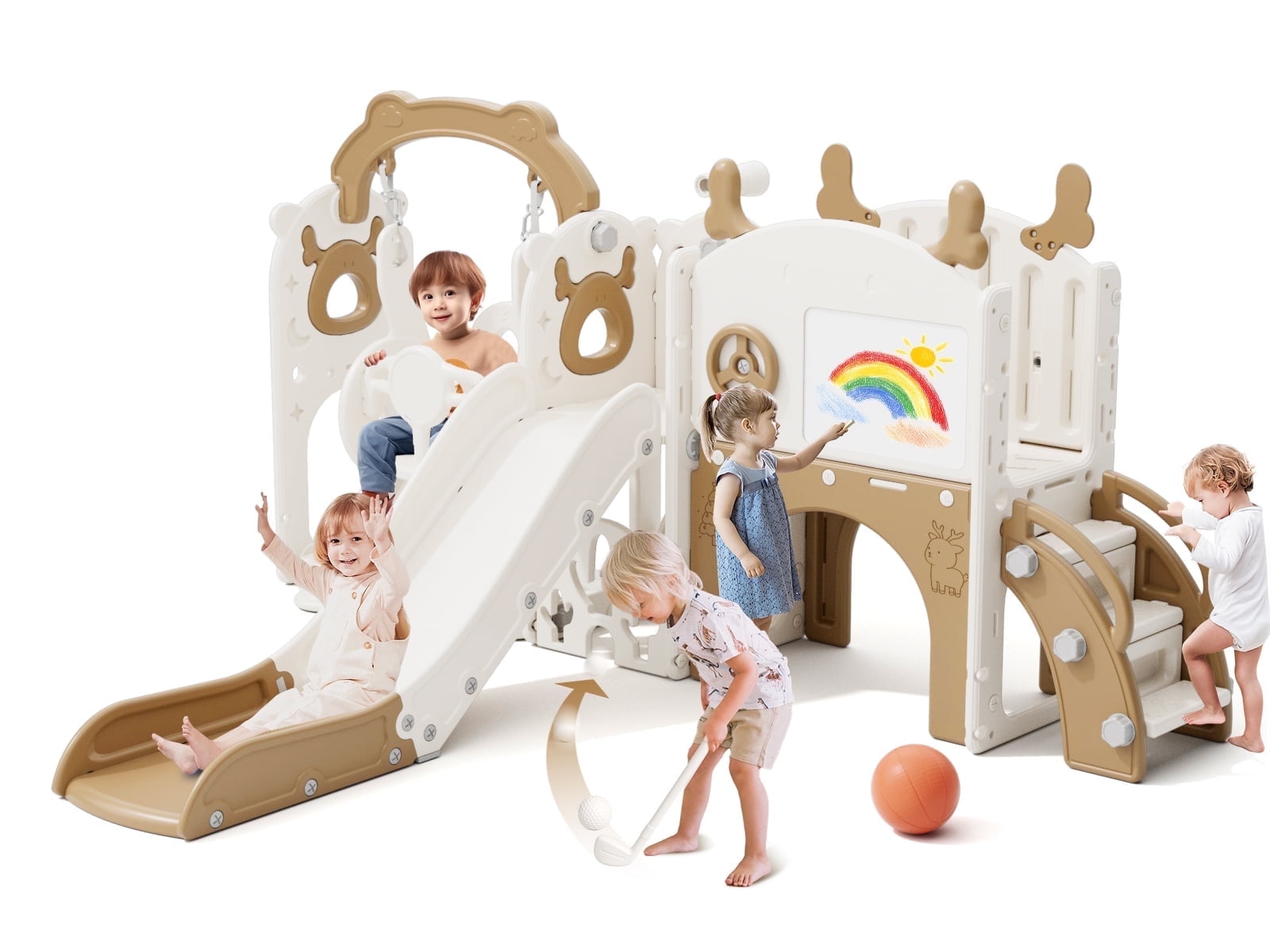 KORIMEFA Toddler Slide Set, Kids Slide with Swing, Outdoor Indoor Playground for Toddlers 1-4, Toddler Climber Slides PlaySet with Basketball Hoop and Ball, Tunnel and Storage Space, Coffee