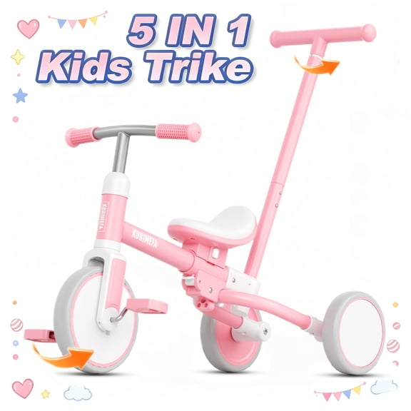 KORIMEFA 5 in 1 Toddler Bike with Parent Push Handle for Ages 2-4 Years Old Boy Girl Toddler Tricycle Kids Balance Bike Baby Tricycle, Pink