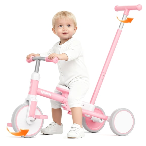 KORIMEFA Tricycle for toddler 2-4 Years Old, 5 in 1 Toddler Bike, Kids Tricycle with Push Handle, Trike with Removable Pedal, Birthday Gift and Toy for Boys&Girls, Pink