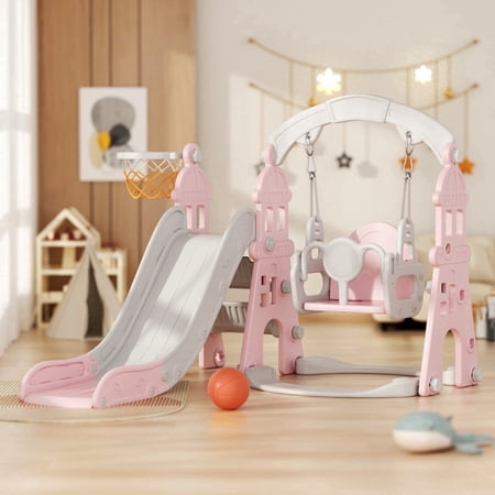 KORIMEFA 4-in-1 Kids Slide and Swing Set, Toddler Outdoor Playset Slide for Age 1-3, Outdoor and Indoor Playground Toy, Basketball Hoop, and Climbe