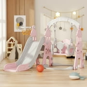 KORIMEFA 4-in-1 Kids Slide for Toddlers Age 1-3 Slide and Swing Set,Indoor Playground for Children,Freestanding Outdoor Slides with Basketball Hoop,Outside Climber Playhouses,Baby Climbing Toys