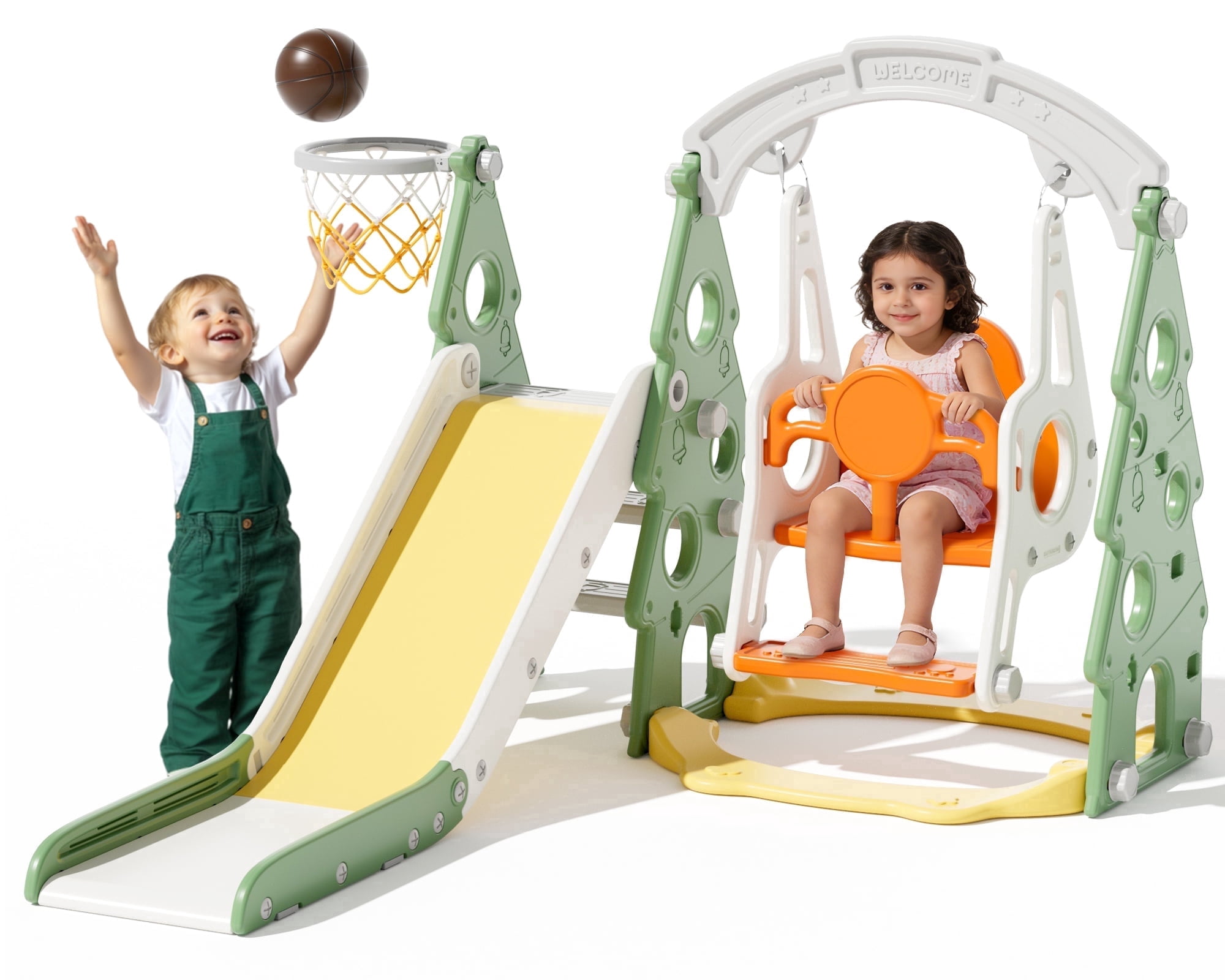 KORIMEFA 4-in-1 Kids Slide and Swing Set, Indoor and Outdoor