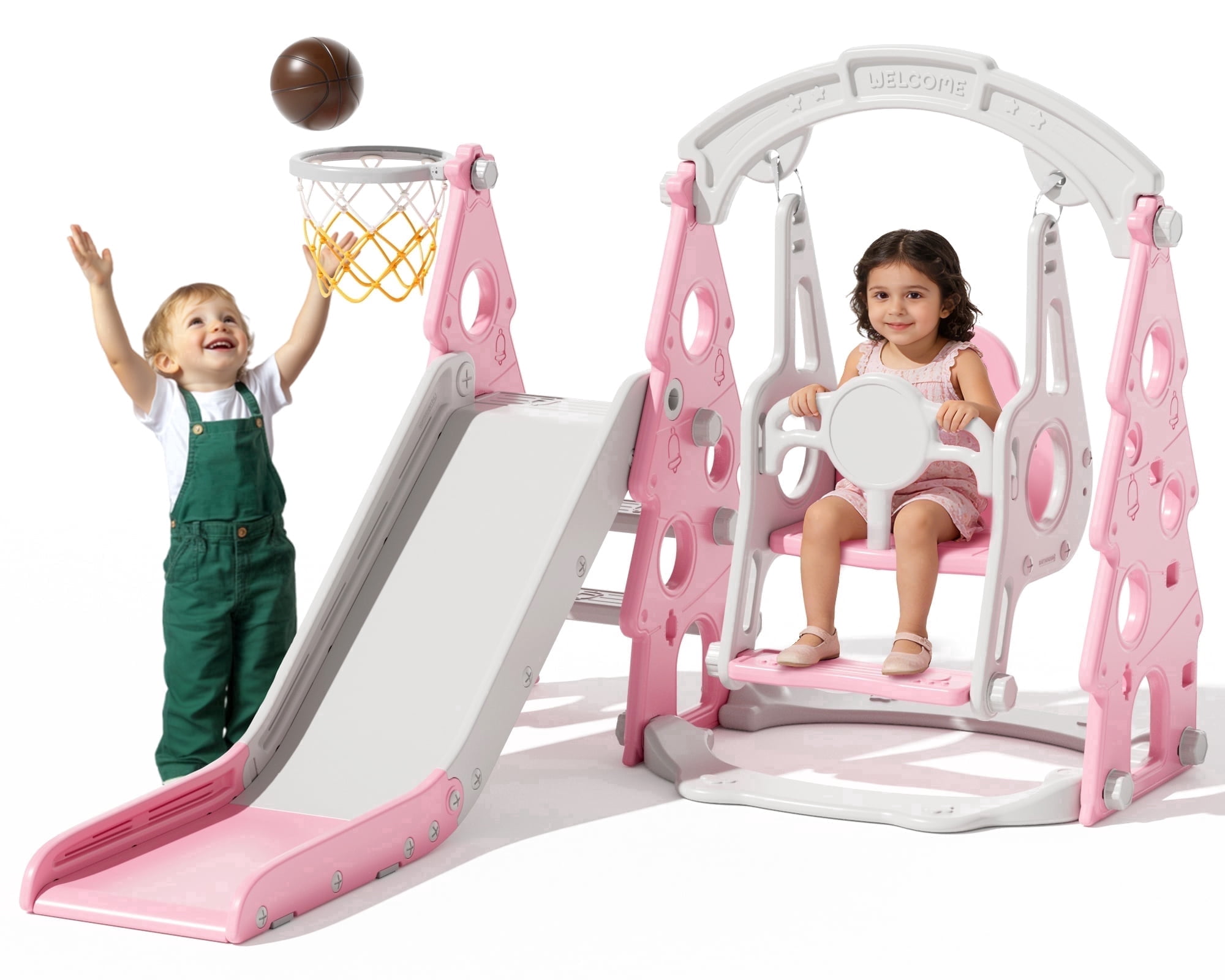 KORIMEFA 4-in-1 Kids Slide and Swing Set, Indoor and Outdoor