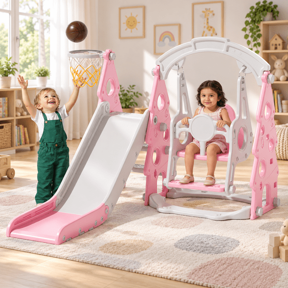 KORIMEFA 4-in-1 Kids Slide and Swing Set, Toddler Climbing Slide for Age 1-4, Indoor and Outdoor Playground Slide Includes Swing, Basketball Hoop, Climber