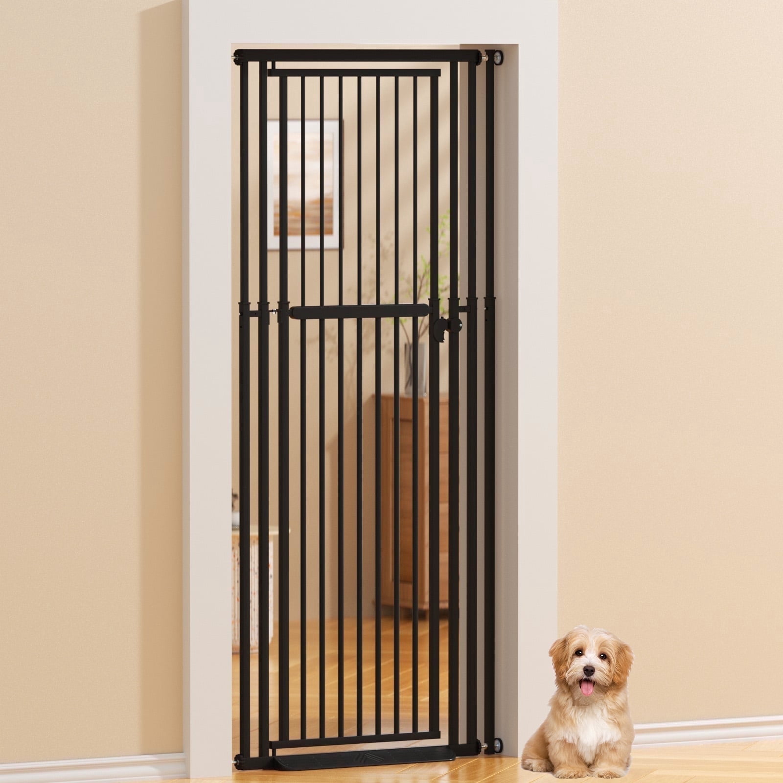 KORIMEFA 47.24"-87" Extra Tall Cat Gate with Wide Adjustable 27.56"-31.5" Pet Gate Pressure Mounted Safety Full Door Gate for Stairs, Hallway, Kitchen, Doorway, Black