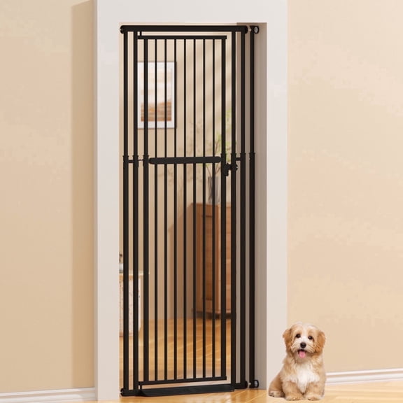 KORIMEFA 47.24"-87" Extra Tall Cat Gate with Wide Adjustable 27.56"-31.5" Pet Gate Pressure Mounted Safety Full Door Gate for Stairs, Hallway, Kitchen, Doorway, Black