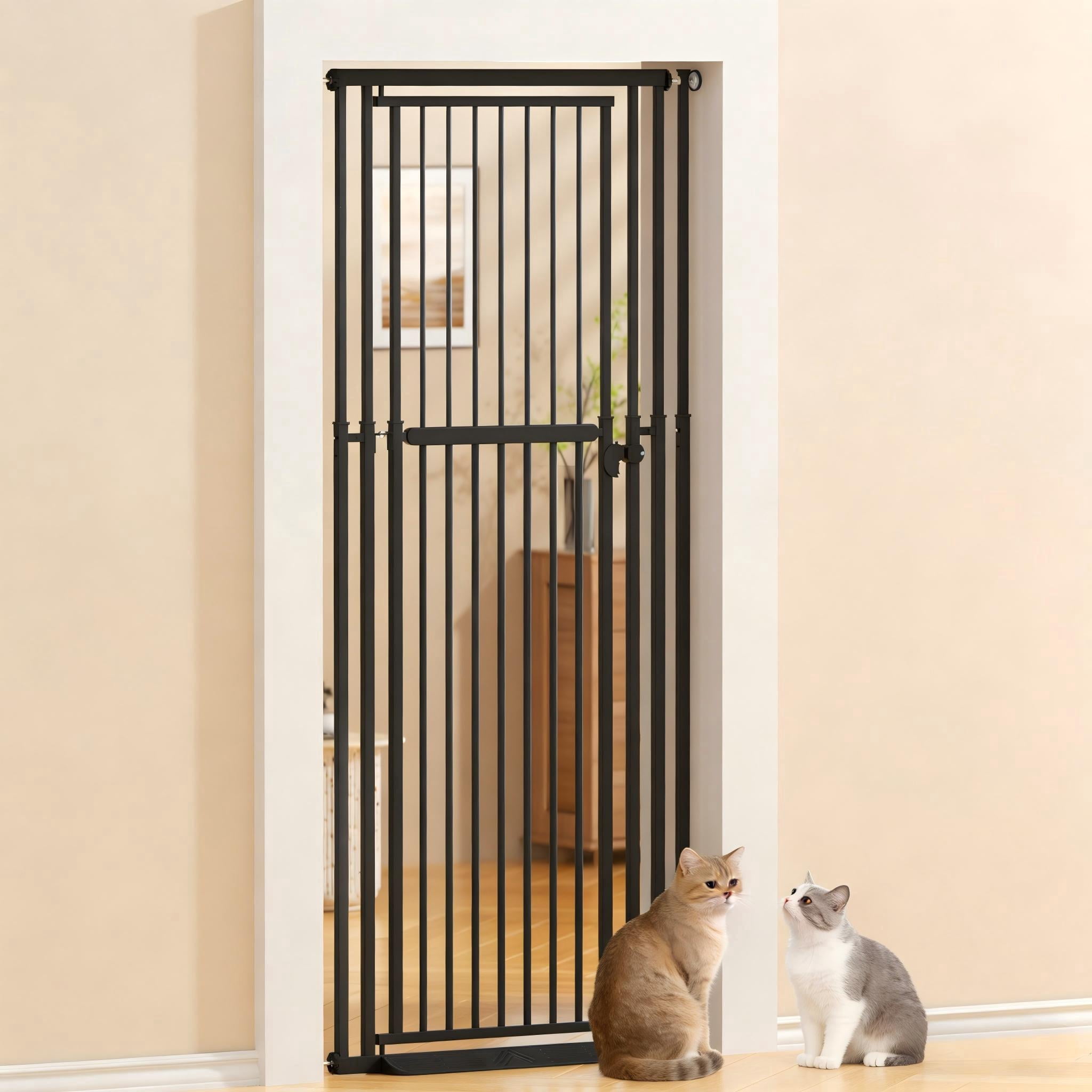 KORIMEFA 47.24"-87" Extra Tall Cat Gate with Wide Adjustable 27.56"-37" Pet door Pressure Mounted Safety Full Door Gate for Stairs, Hallway, Kitchen, Doorway, Black