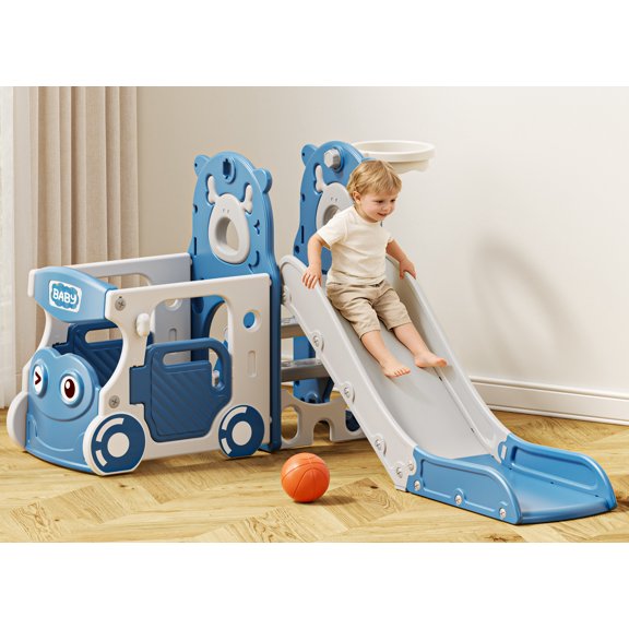 KORIMEFA 6-IN-1 Toddler Slide Set for kids Age 1-4, Bus-Themed Climber Indoor Outdoor Playset with Slide, Basketball Hoop, Climber, Wheel