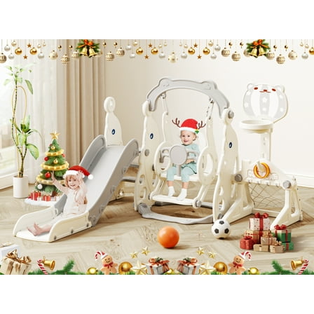 KORIMEFA 6-in-1 Kids Slide and Swing Set, Toddler Slide with Basketball Hoop, Swing, Outdoor Indoor Playground for Toddlers 1-3