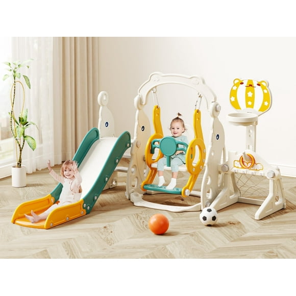 KORIMEFA Toddler Slide, 6 in 1 Toddler Playset - Upgrade with Kids Slide, Swing, Soccer and Ring Toss for Age 1-3, Indoor and Outdoor Playground