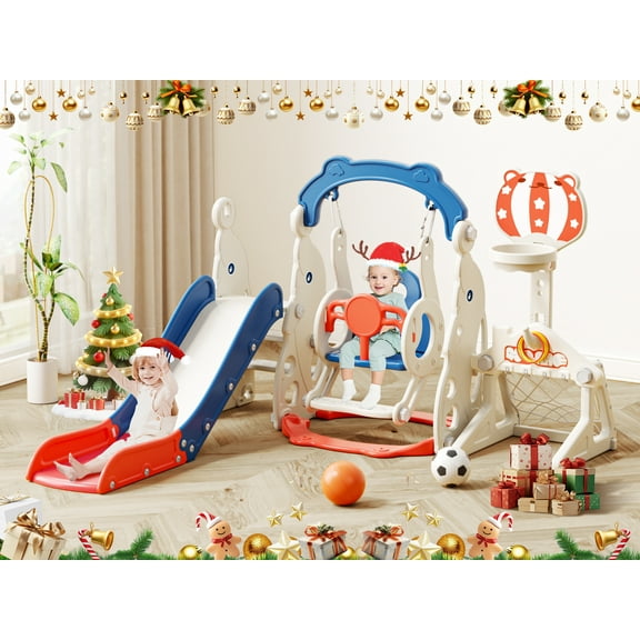 KORIMEFA 6-in-1 Kids Slide and Swing Set, Toddler Slide with Basketball Hoop, Swing, Outdoor Indoor Playground for Toddlers 1-3