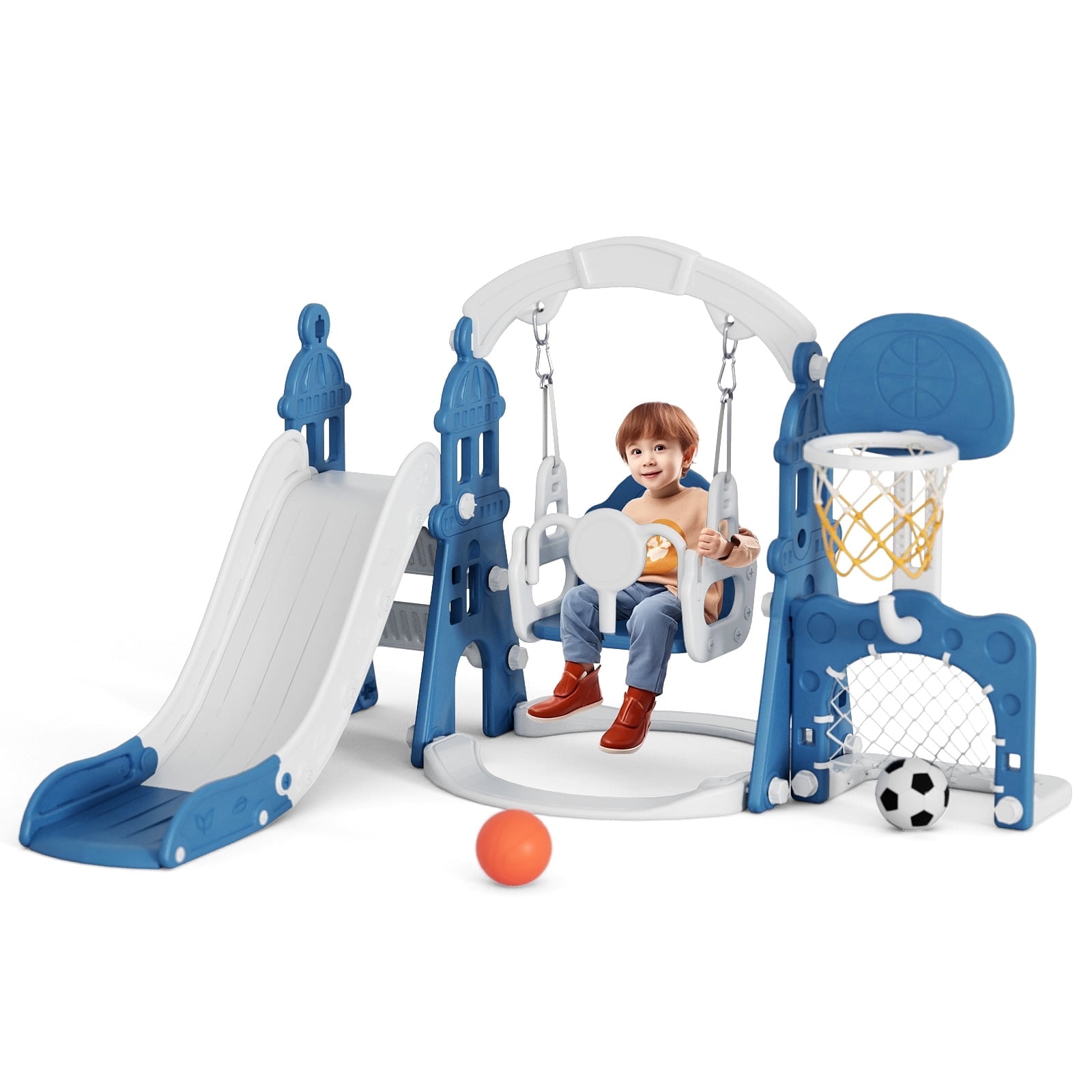 The Coupon deal of  KORIMEFA 6-in-1 Play Set for Kids 1-6 Years - Indoor/Outdoor Playground with Slide, Swing, Hoop, Climber