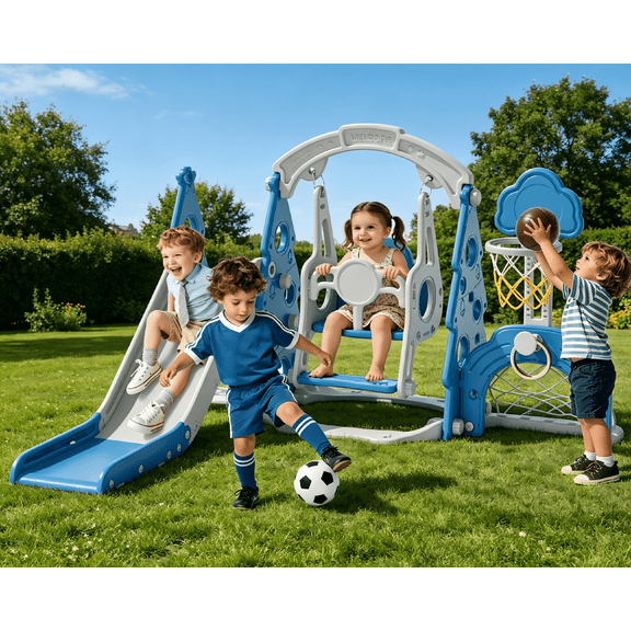 KORIMEFA 6-in-1 Kids Slide and Swing Set, Indoor and Outdoor Playground for Todder Age 1-5, Includes Slide, Swing, Basketball Hoop, and Climber