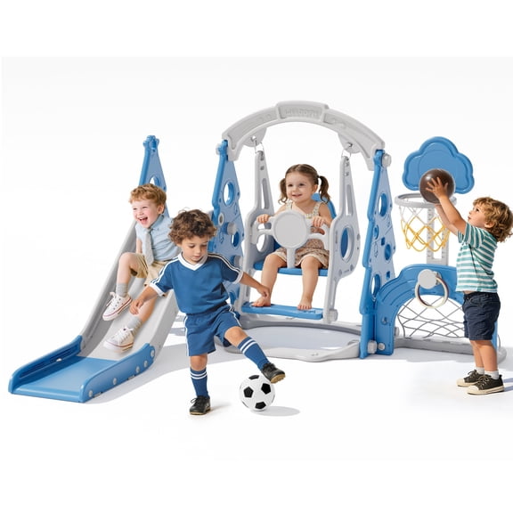 KORIMEFA 6-in-1 Kids Slide and Swing Set, Indoor and Outdoor Playground for Todder Age 1-5, Includes Slide, Swing, Basketball Hoop, and Climber