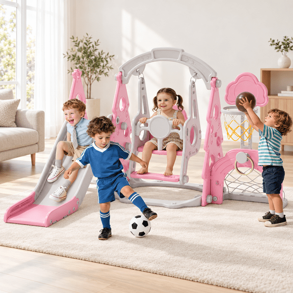 KORIMEFA 6-in-1 Kids Slide and Swing Set, Toddler Climbing Slide Set for Age 1-5, Indoor and Outdoor Playground Slide Includes Swing, Basketball Hoop, Climber