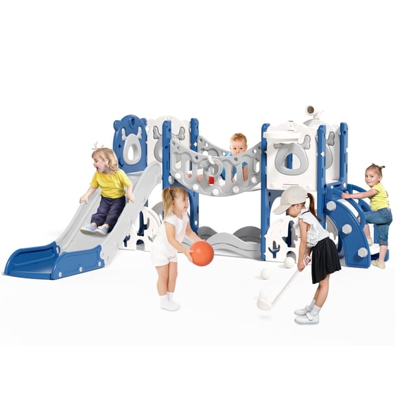 KORIMEFA 8 in 1 Toddler Slide, Kid Slide for Toddlers Age 1-3 with Ring Toss, Basketball Hoop, and Telescope, Indoor Outdoor Slide Toddler Playset Toddler Playground