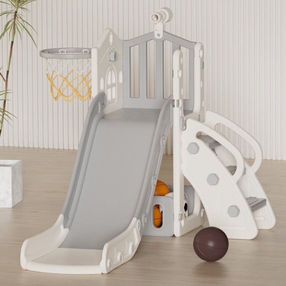KORIMEFA 6-in-1 Toddler Slide for Toddler Age 1-3,Kids Climber Slider for Indoor Outdoor Playground with Basketball Hoop,Storage and Telescope,L Shaped Slide for Toddler Climber Playset