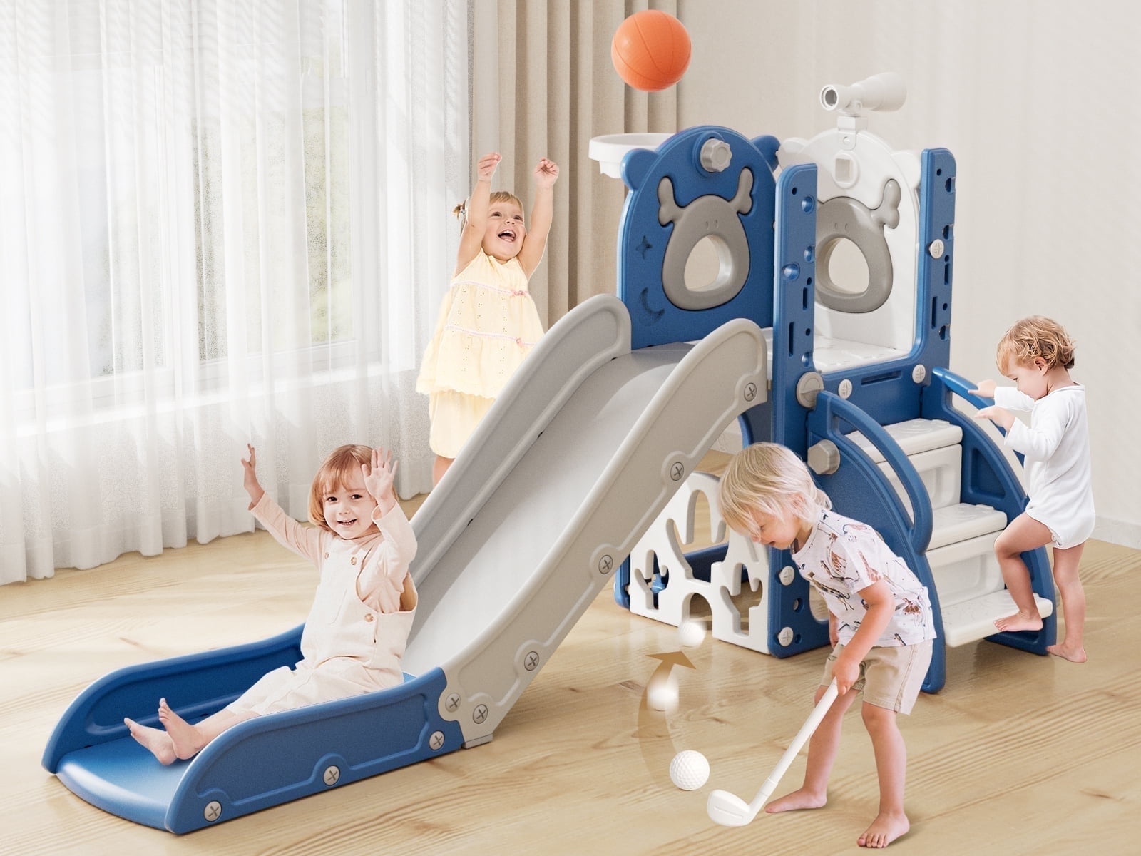 7-in-1 Toddler Slide, Outdoor Indoor Playset Slide for Kids Age 1-3 with Golf, Basketball Hoop, Baby Playground Climber Toys, Blue at Walmart
