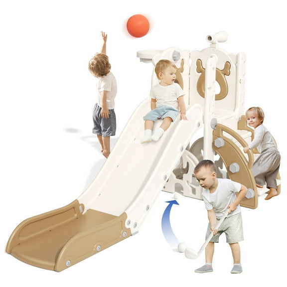 KORIMEFA 7-in-1 Toddler Slide Set, Outdoor Indoor Playset Slide for Kids Age 1-3 with Golf, Basketball Hoop, Backyard Playground Climbing Theme Baby Slide Toy