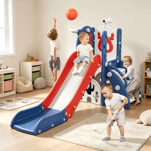 Korimefa 7-in-1 Toddler Slide Set with Golf, Basketball Hoop, Kids Slide for Toddlers Age 1-4, Climber Slip and Slides, Baby Outdoor Toys