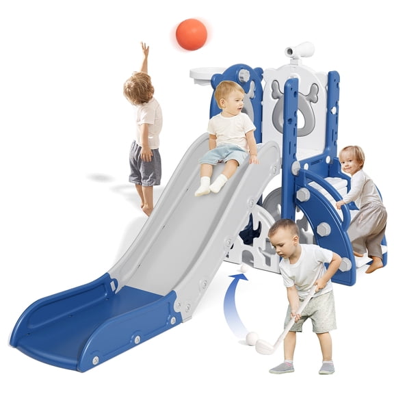 KORIMEFA 7-in-1 Toddler Slide, Outdoor Indoor Playset Slide for Kids Age 1-3 with Golf, Basketball Hoop, Baby Playground Climber Toys, Blue
