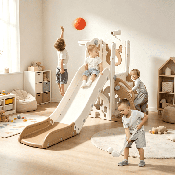 KORIMEFA 7-in-1 Toddler Slide Set, Outdoor Indoor Playset Slide for Kids Age 1-3 with Golf, Basketball Hoop, Backyard Playground Climbing Theme Baby Slide Toy